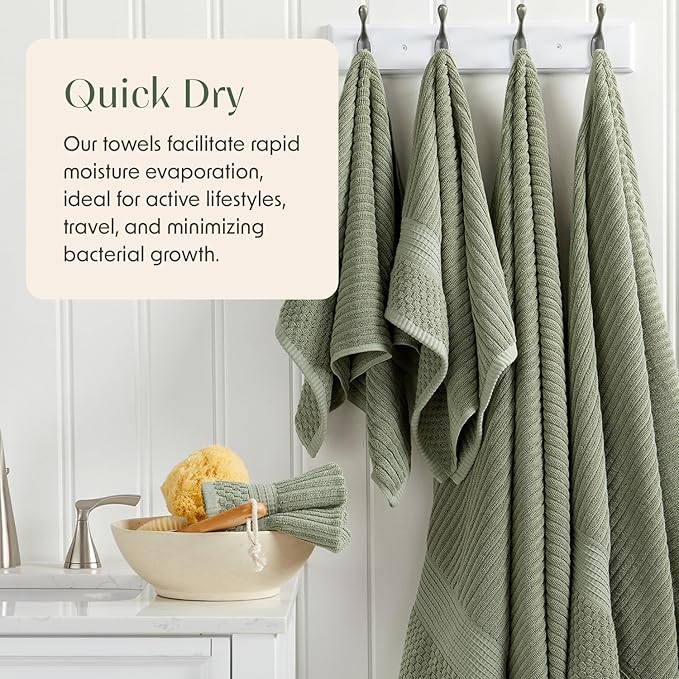 Springtree Home 100% Cotton Towel Set | 6 Piece Set | Super Soft & Absorbent Quick-Dry 2 Bath Towels 2 Hand Towels & 2 Washcloths | Textured and Durable Cotton | Krista Collection - Lily Pad Green