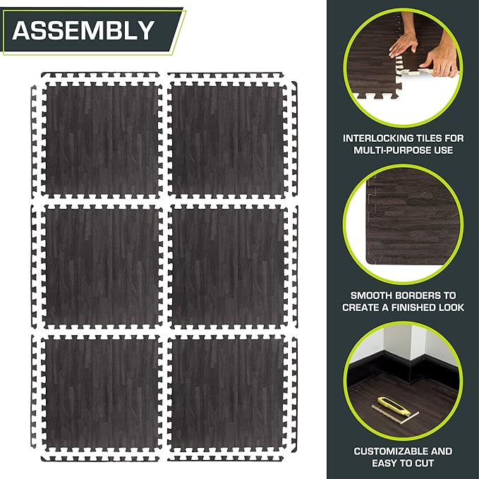 ProsourceFit Wood Grain Puzzle Mat 1/2-in, 6 EVA Foam Interlocking Floor Tiles (24SQ FT) for Secure Indoor Room Workout Flooring and Playmat, Dark Oak