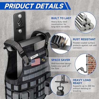 Weight Vest Hanger Wall Mount - Heavy Duty Steel Tactical Vest Wall Mount for Home Gym Gear, Weighted Vest Storage Rack for Backpacks, Body Armor Carrier, Weighted Vest Hook - Hold Up To 200Lbs