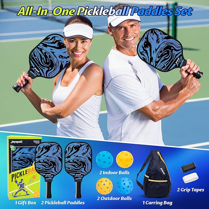 Pickleball Paddles Set of 2, Fiberglass Pickle Ball Rackets, Lightweight Paddle Set Includes 4 Outdoor Indoor Balls, 2 Grip Tapes & Carry Bag, Oversized Sweet Spot for Men, Women, Adult, Teenager