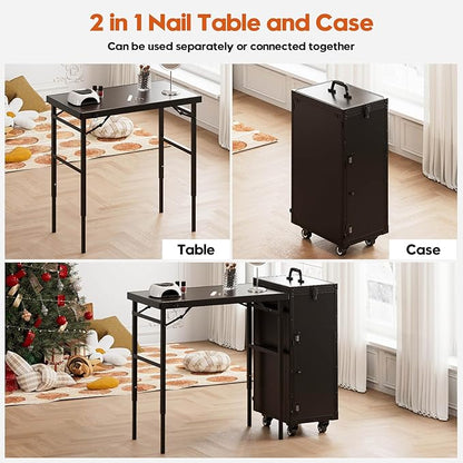 Icoget Rolling Manicure Table on Wheels, Portable Nail Desk, Foldable Nail Table w/Polish Tray and Storage, Traveling Nail Case w/Detachable Adjustable Height Workstation