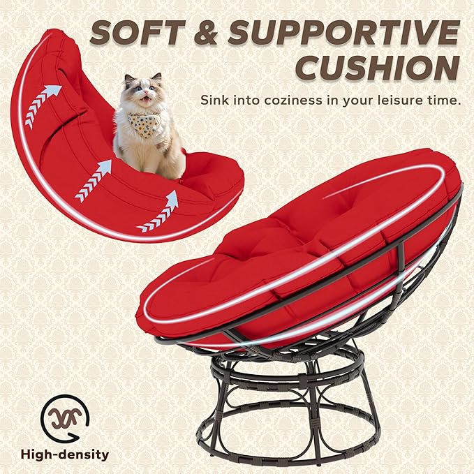 46'' Large Size Papasan Chair with Cushion and Frame, Lazy Chair for Reading, Living Room, Bedroom, Red