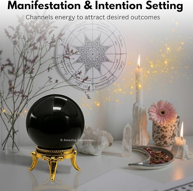 Amazing Gemstone Black Agate Crystal Ball with Stand - 2" Inches Crystal Sphere Meditation Balls for Witchcraft and Decorative Balls