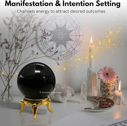 Amazing Gemstone Black Agate Crystal Ball with Stand - 2" Inches Crystal Sphere Meditation Balls for Witchcraft and Decorative Balls
