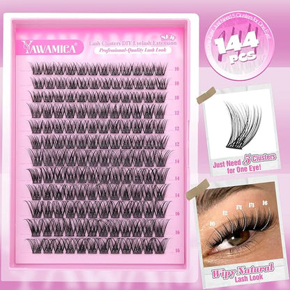 Yawamica Wispy Lash Clusters C Curly Individual Lashes DIY Cluster Eyelash Extensions 10-16mm Natural Eyelash Clusters 144 pcs Soft Lashes Clusters with Thin Lash Band DIY Lash for Self Application