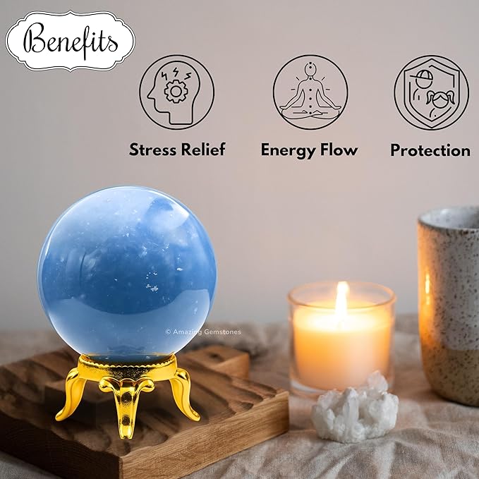 Amazing Gemstone Angelite Crystal Ball with Stand - 2" Inches Crystal Sphere Meditation Balls for Witchcraft and Decorative Balls