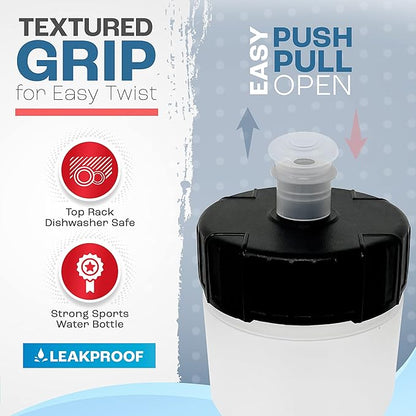 50 Strong Bulk Water Bottles | 24 Pack Sports Bottle | 22 oz. BPA-Free Easy Open with Pull Top Cap | Made in USA | Reusable Plastic Water Bottles for Adults & Kids | Top Rack Dishwasher Safe