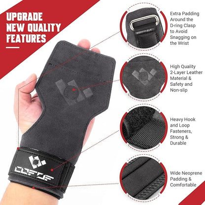 Weight Lifting Wrist Strap, Double Layer Leather Wrist Strap for Deadlift and Powerlifting, Adjustable Neoprene Padded Gym Workout Lifting Hooks (Pair)