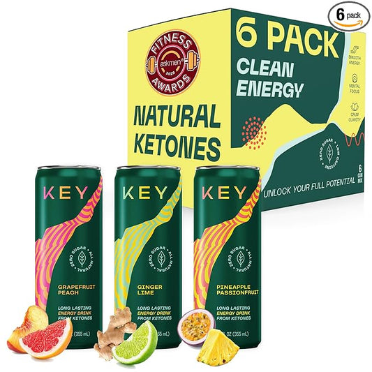 KEY Ketone Energy Drink - Sugar Free and All Natural from Ketones for Long Lasting Energy and optimal Green Tea Caffeine and L-Theanine for Mental Focus to Perform, Variety Pack (Pack of 6)