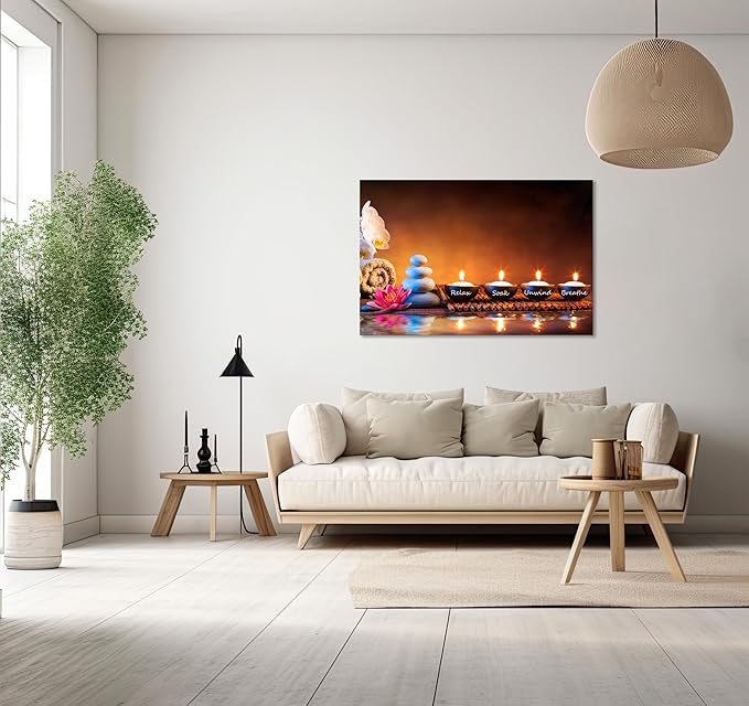 Zen Wall Art Lotus Flower Decor Breathe Canvas Picture Candles Relaxing Peaceful Poster Prints for Zen Spa Room Living Room Bedroom(24.00" x 36.00")