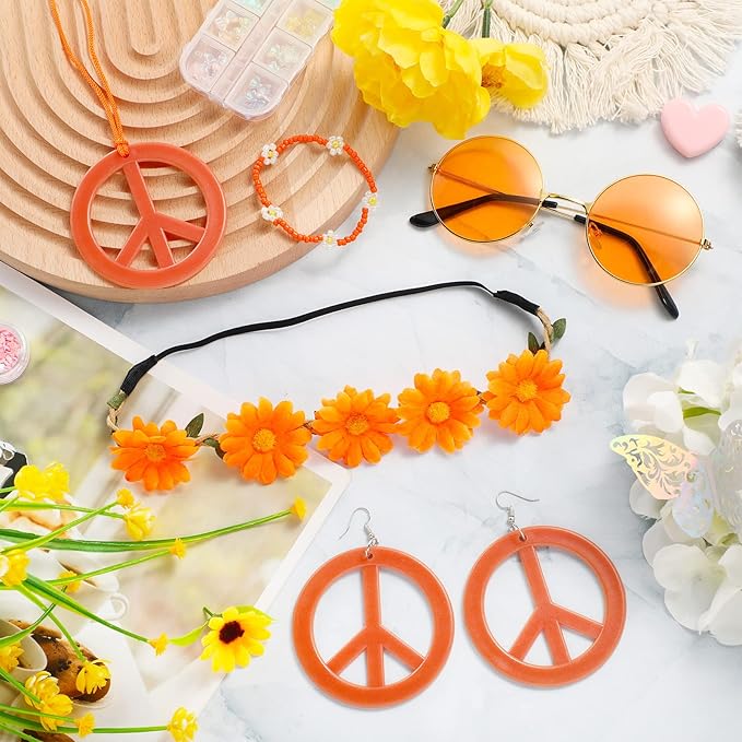 Batiyeer 6 Pcs Hippie Costume Accessories Set, Boho Peace Sign Daisy Flower 60s 70s Party Favors Decor for Groovy Party Women
