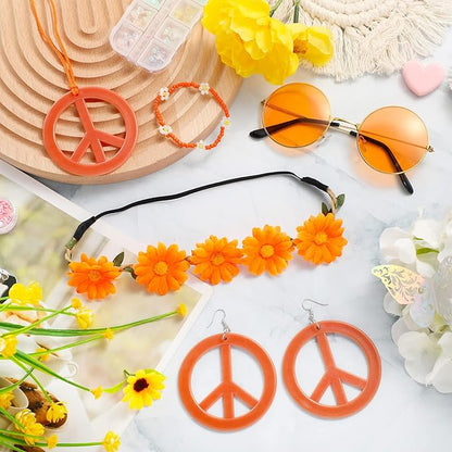 Batiyeer 6 Pcs Hippie Costume Accessories Set, Boho Peace Sign Daisy Flower 60s 70s Party Favors Decor for Groovy Party Women