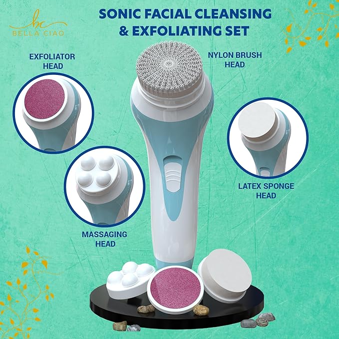 Bella Ciao 5-Piece Sonic Facial Cleansing Brush Set, Blue | Battery Operated Face Scrubber Exfoliator, Makeup Remover Skin Care Tools w/ 4 Attachments| Face Cleansing Brush, Skin Exfoliator for Body