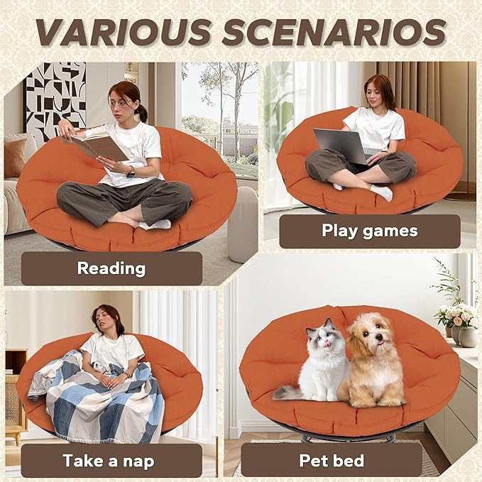 46'' Large Size Papasan Chair with Cushion and Frame, Round Lazy Chair for Living Room and Bedroom, Orange
