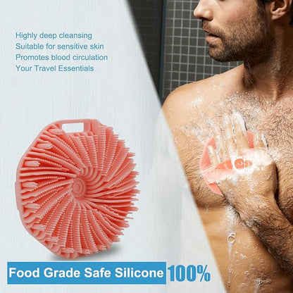 Silicone Body Scrubber, Exfoliating Shower Scrubber, Non-Slip Handle for Easy Cleaning, Travel Friendly (Pink)