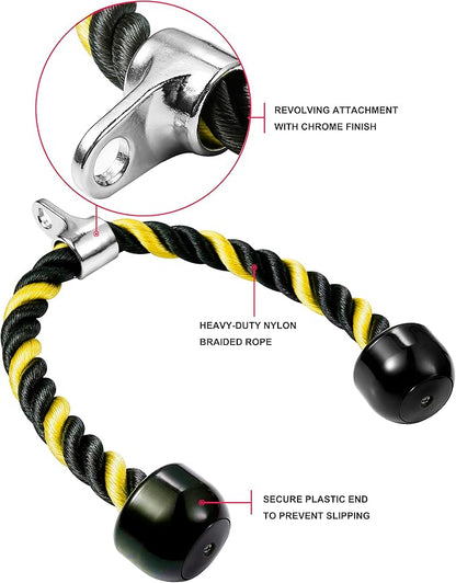 Deluxe Tricep Rope Pull Down Cable, 27 & 36 Inch Rope Length, Easy to Grip & Non-Slip Cable Attachment for Gym Workout Exercise