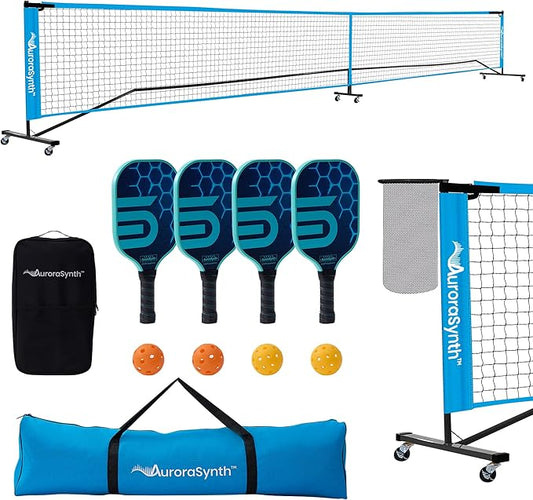 AuroraSynth Portable Pickleball Net Set with Wheels, 22 x 3ft Regulation Size Pickle Ball Net with Ball Collector, 4 Pickle Balls, 4 Pickleball Paddles, Carry Bag for Backyards, Driveway, Garage