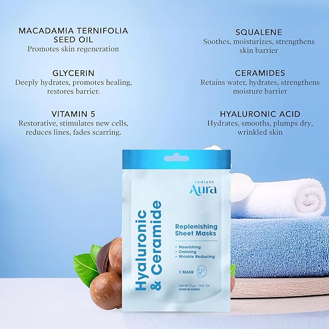 Hyaluronic & Ceramide Sheet Mask – Dermatologist Tested Korean Face Mask for Hydration, Wrinkle Care & Skin Nourishment – Collagen Facial Sheet Mask for Calming & Smoothing – 5 Pack