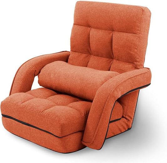 Adjustable Floor Chair for Adults with Back Suppor,5-Position Folding Lazy Sofa with Pillow, Gaming & Meditation Chair with Breathable Fabric - for Living Room, Bedroom, Office,Balcony (Orange)