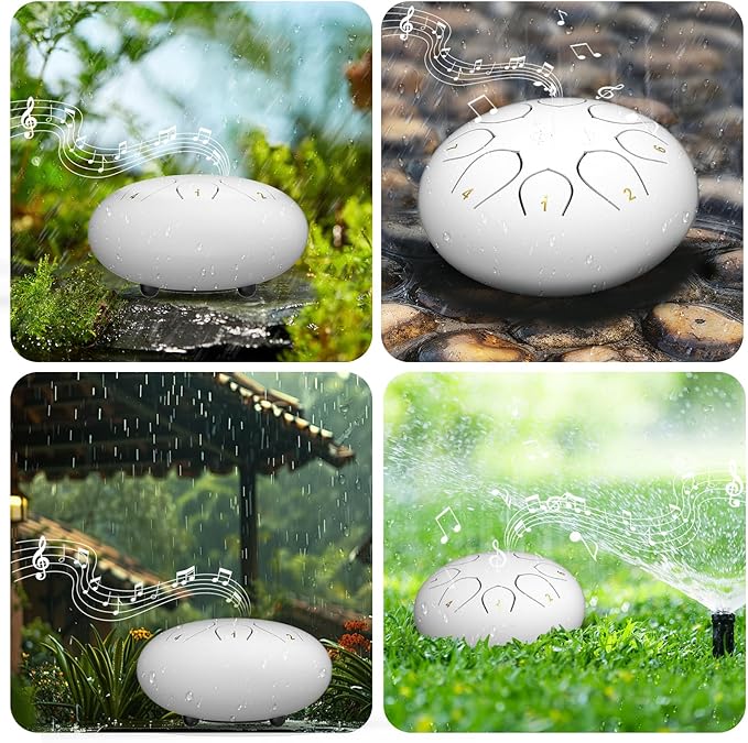 Rain Drum for Outside Garden, 6 Inches 8 Notes Steel Tongue Drums, Waterproof Meditation Echo Rain Chime, Musical Instruments for Adult Gift with Bag, Music Book, Mallets (White)