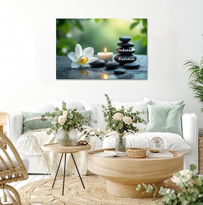 YIOZHAOFH Louts Wall Art Yoga Room Painting Zen Office Decor Women Spa Picture Calming Relax Canvas Prints Inhale Exhale Artwork Framed for Living Room Ready to Hang (16L x 24W)