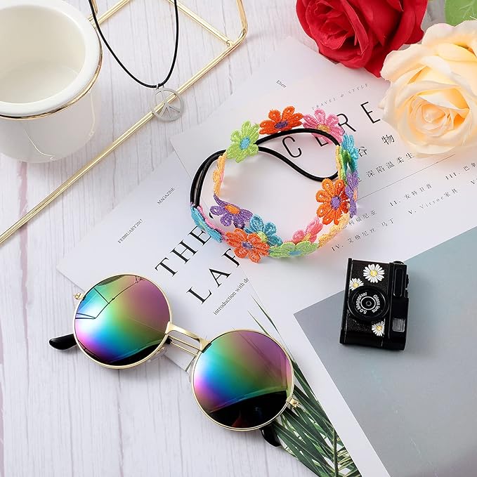 WILLBOND 60s 70s Accessories for Women Hippie Costume Accessories Peace Sign Necklace Headband Hair Wreath Sunglasses