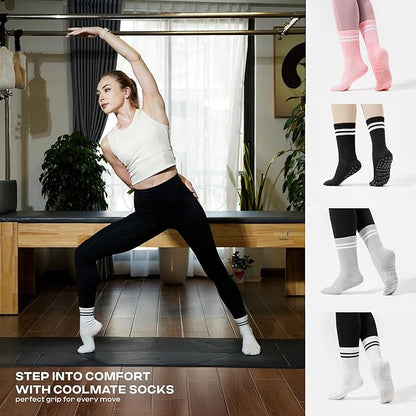 CoolMate Pilates Socks with Grips for Women, Yoga Socks, Crew Non Slip Women for Workout, Barre, Pilates Gifts