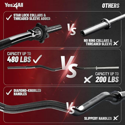 Yes4All 480LB Standard Straight Barbell 60" & EZ Curl Bar 47", Weight Bar 1" Diameter - Star Lock Collars & Rubber Ring for Deadlifts, Squats