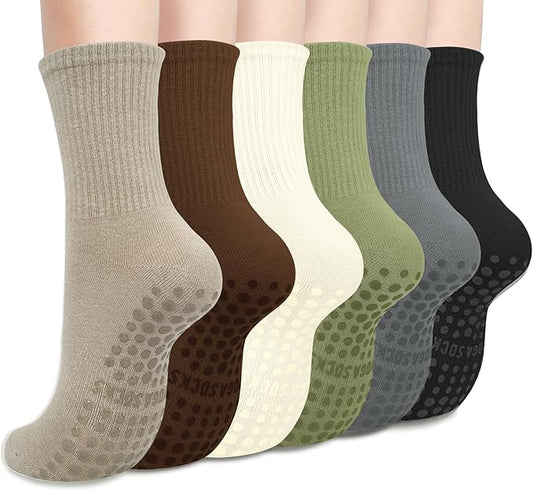 Justay 6 Pairs Pilates Socks with Grips for Women Soft Non Slip Crew Cotton Athletic Workout Barre Hospital Yoga Socks