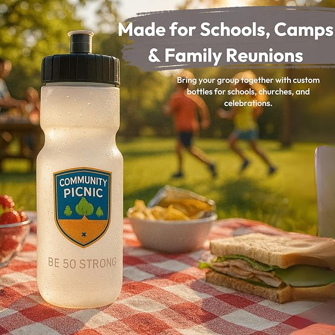 50 Strong Bulk Water Bottles | 24 Pack Sports Bottle | 22 oz. BPA-Free Easy Open with Pull Top Cap | Made in USA | Reusable Plastic Water Bottles for Adults & Kids | Top Rack Dishwasher Safe