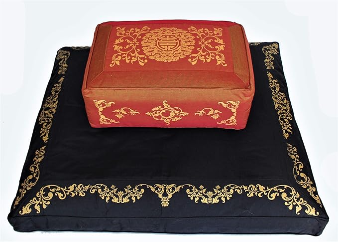 Meditation Cushion Set Rectangular Zafu Pillow Zabuton - Silkscreen Sacred Symbol (Longevity Saffron)