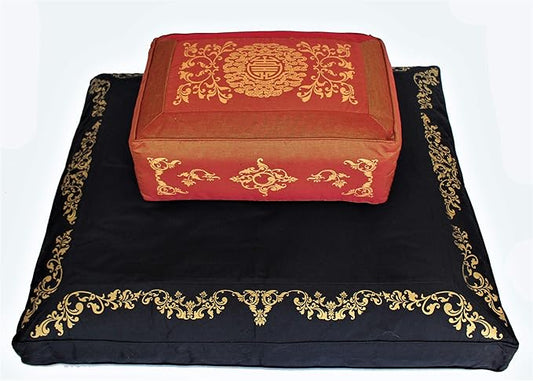 Meditation Cushion Set Rectangular Zafu Pillow Zabuton - Silkscreen Sacred Symbol (Longevity Saffron)