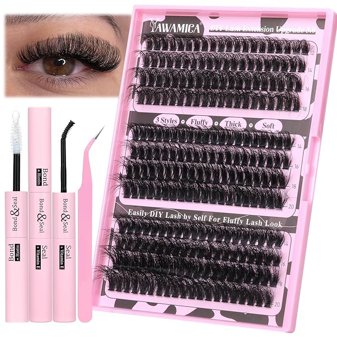 Yawamica Eyelash Extension Kit Fluffier Thick Volume Lash Extension Kit 14-20mm D Curly Mink Lash Clusters 240pcs Individual Lashes Kit with Bond and Seal and Lash Applicator DIY at Home for Beginner