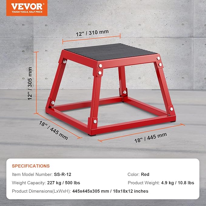 VEVOR Plyometric Jump Box, 18 Inch Plyo Box, Steel Plyometric Platform and Jumping Agility Box, Anti-Slip Fitness Exercise Step Up Box for Home Gym Training, Conditioning Strength Training