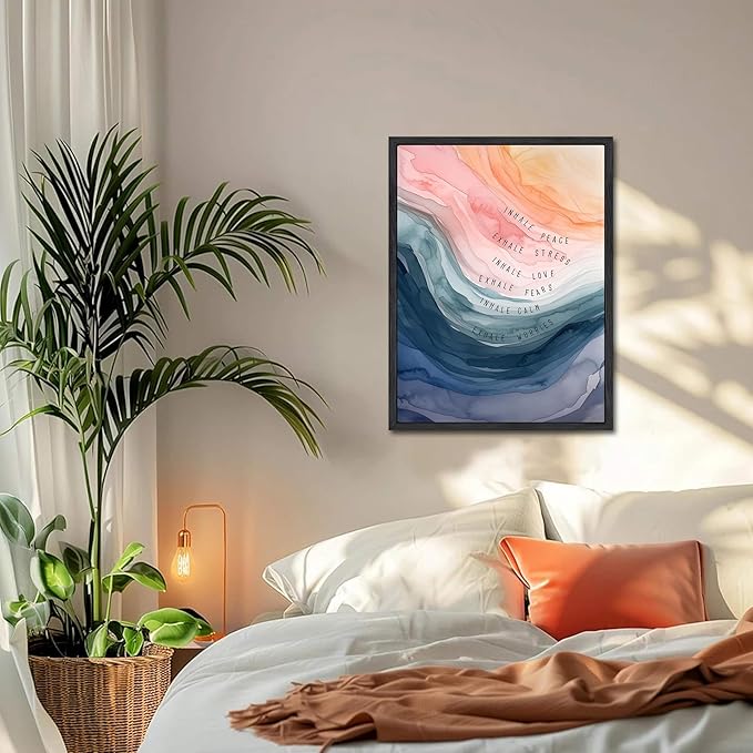 Mental Health Wall Art, Therapy Office Pictures Wall Decor, Inhale Exhale Art Paintings, Canvas Prints, Therapist Artwork for Meditation Room Calming Corner Decoration, Floating Framed 16x24 Inch