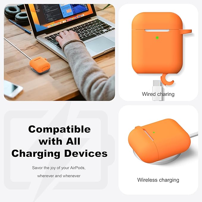 R-fun Compatible with AirPods Case Cover, Soft Silicone Protective Cover with Keychain for Women Men Compatible with Apple AirPods 2nd 1st Generation Charging Case, Front LED Visible,Orange