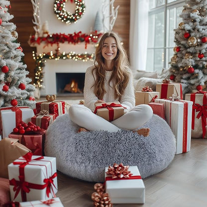 Codi Faux Fur Floor Pillows, Fluffy Large Round Cushions Sitting for Adults, Decorative Fuzzy Pillow for Fireplace,Dog Beds, Christmas, 32 Inch, Light Grey