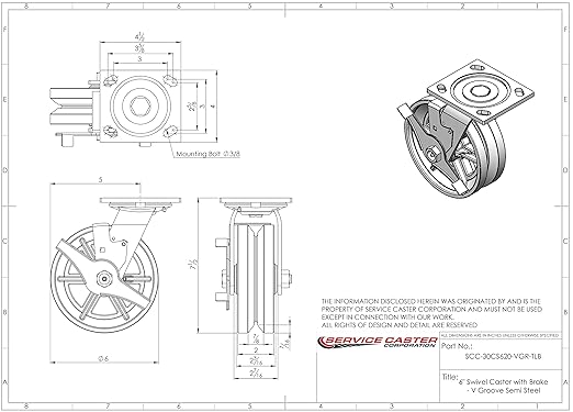 V Groove Semi Steel Cast Iron Swivel Top Plate Heavy Duty Caster with 6 Inch Wheel and Top Lock Brake – 1,200 lbs. Capacity/Caster - Service Caster Brand