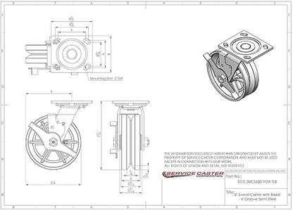 V Groove Semi Steel Cast Iron Swivel Top Plate Heavy Duty Caster with 6 Inch Wheel and Top Lock Brake – 1,200 lbs. Capacity/Caster - Service Caster Brand