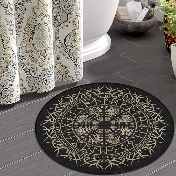 Soft Round Yoga Carpet, Large Home Decor Mat, Non-Slip Machine Washable Kitchen Office Circle Rug Compatible with Cool Norse Viking Vegvisir Runic Compass