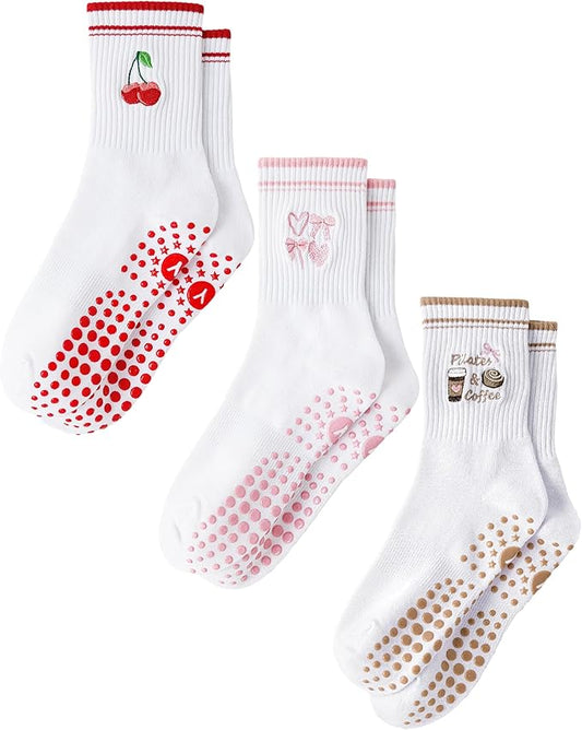 Yawlsow Pilates Grip Socks for Women Yoga Grippy Socks Cute Barre Non Skid Athletic Crew Sticky Sock Workout Hospital