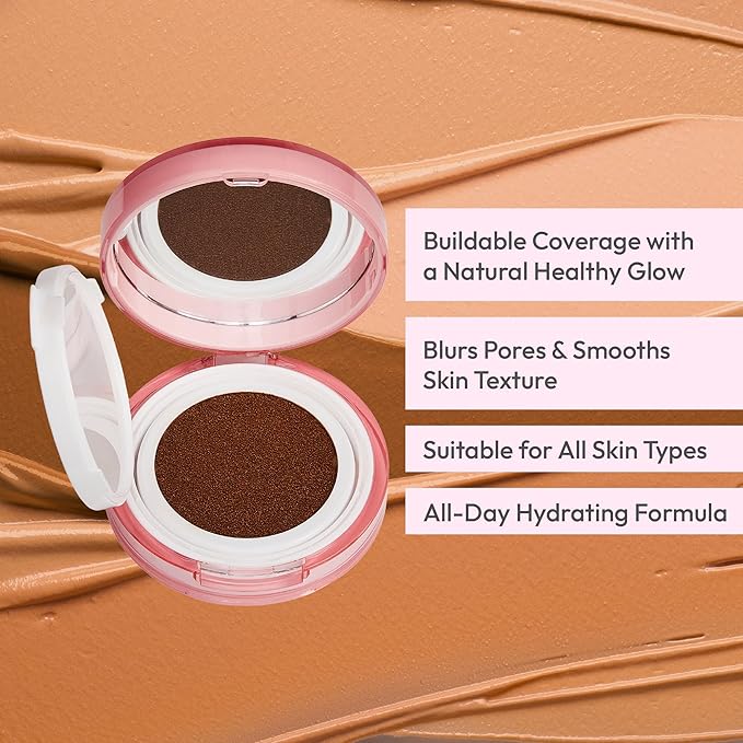 Ruby Kisses Cushion Foundation, Full Coverage Korean Makeup, Lightweight & Long Lasting, All Day Natural Glowy Finish for All Skin Types with Hyaluronic Acid & Bakuchiol (Chestnut, 0.52 Ounce)