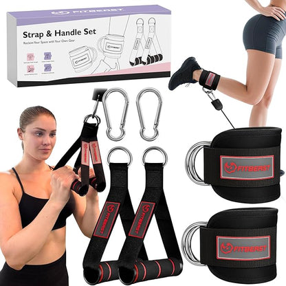 FitBeast Ankle Straps for Cable Machines Women, Glute Kickback Ankle Strap Set with Gym Handles for Cables & Ankle Cable Straps for Workout - Gym Attachments for Cable Machine