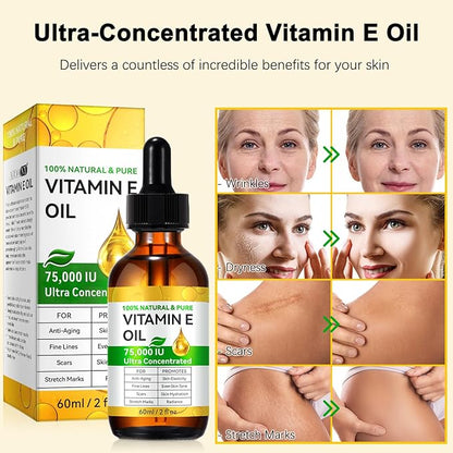 Pure Vitamin E Oil for Skin Blend 75,000 IU, Natural Organic Vitamin E oil for Scars, Hair & Face (2 Fl Oz) - Non GMO, Cold Pressed, Cruelty Free Skin Repair & Moisturizing Solution, Easy to Absorbed
