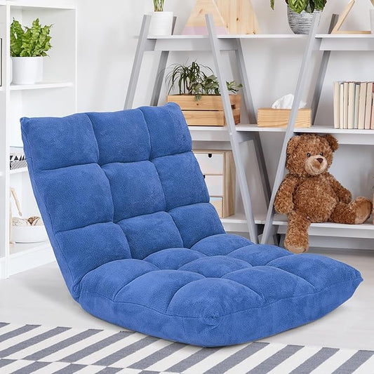 GORELAX Memory Foam Floor Chair, 14-Poistion Adjustable Floor Reading Gaming Chair Recliner, Folding Cushioned Meditation Chair with Back Support, Padded Lazy Sofa Chair for Adults, Kids (Blue)