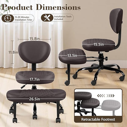 Ergonomic Cross Legged Office Chair with Wheels - Adjustable Height for Meditation, ADHD Desk & Yoga - Wide Criss Cross Design with Lumbar Support, Kneeling Chair - Dark Brown
