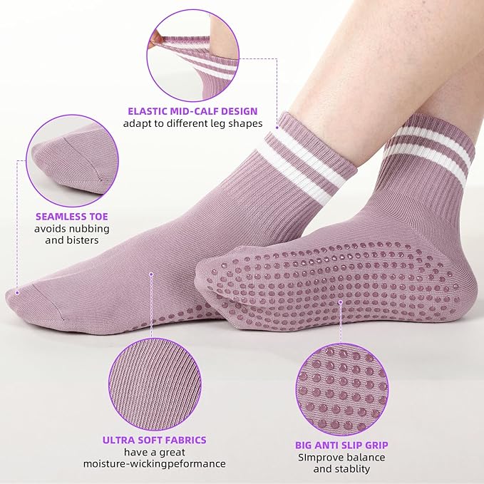 Jeyiour 4 Pairs Womens Pilates Socks with Grip Long Non Slip Yoga Crew Socks for Barre Hospital Home Workout