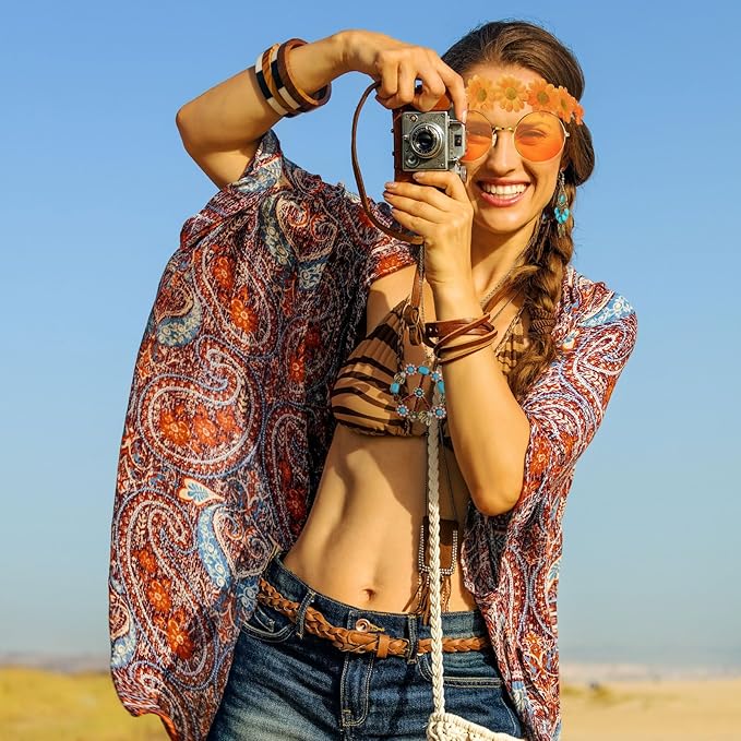 Hicarer Hippie Costume Accessories Include Sunglasses, Peace Sign Necklace, Boho Headband and Earring for 60s 70s Party