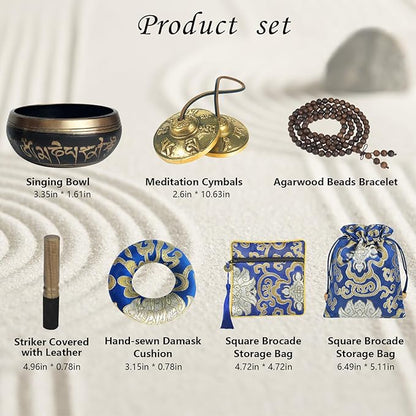 Artcome 7PCS Tibetan Meditation Set - Tibetan Singing Bowl & Tibetan Tingsha Cymbals Bells Handmade in Nepal for Meditation, Yoga, Tranquility, Relaxation, Chakra Healing, Stress Relief & Mindfulness