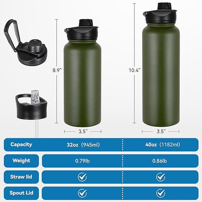 VEGOND 32 oz Insulated Water Bottle Bulk Stainless Steel Metal Water Bottles with Leak Proof Straw Lid & Spout Lid, Wide Mouth Double Walled Vacuum Travel Sports Bottle, 8 Pack